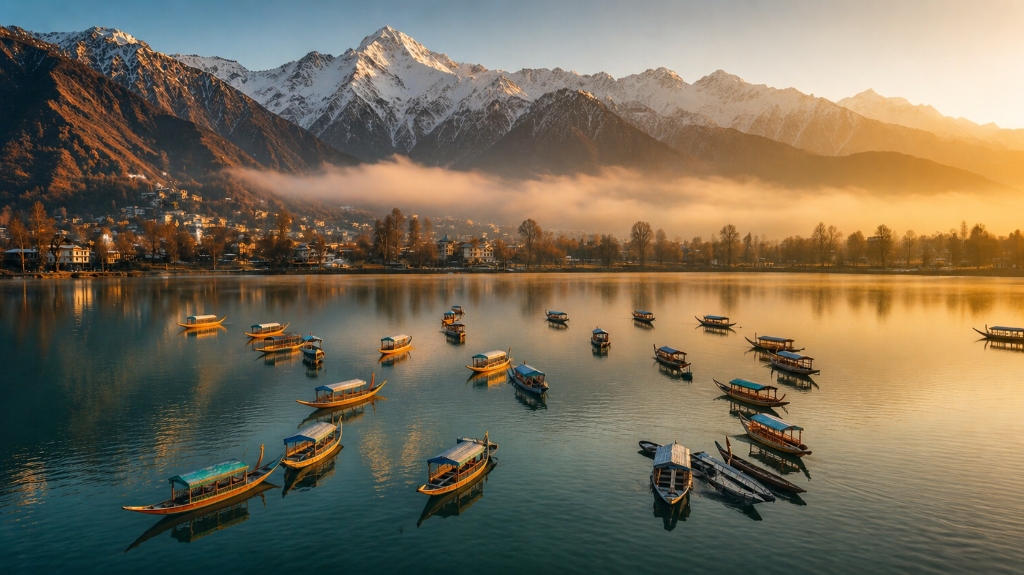 Shikara boats on Dal Lake with snow-capped Himalayan mountains at sunrise — Kashmir tour packages